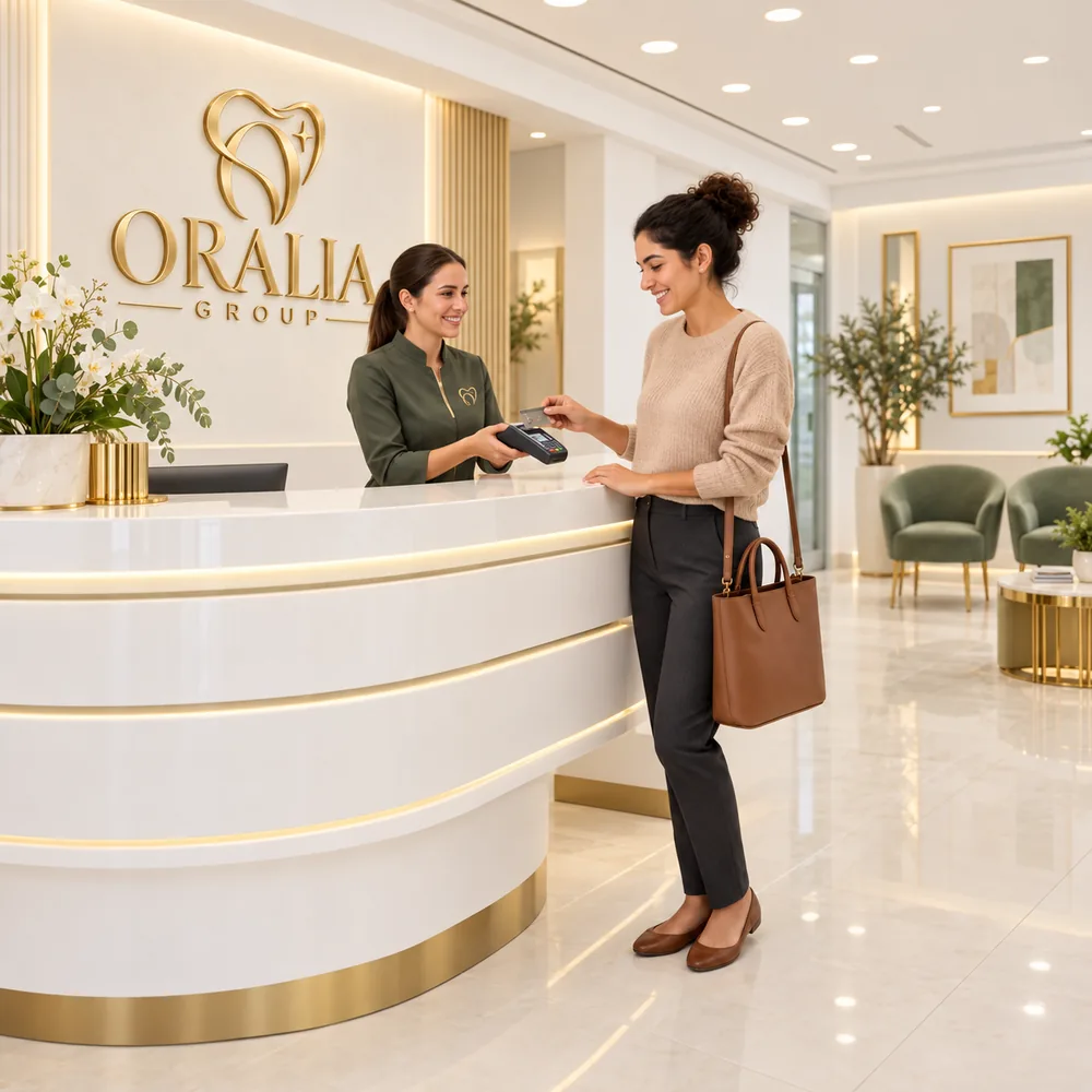 Paciente pagando en la recepción de Oralia Group