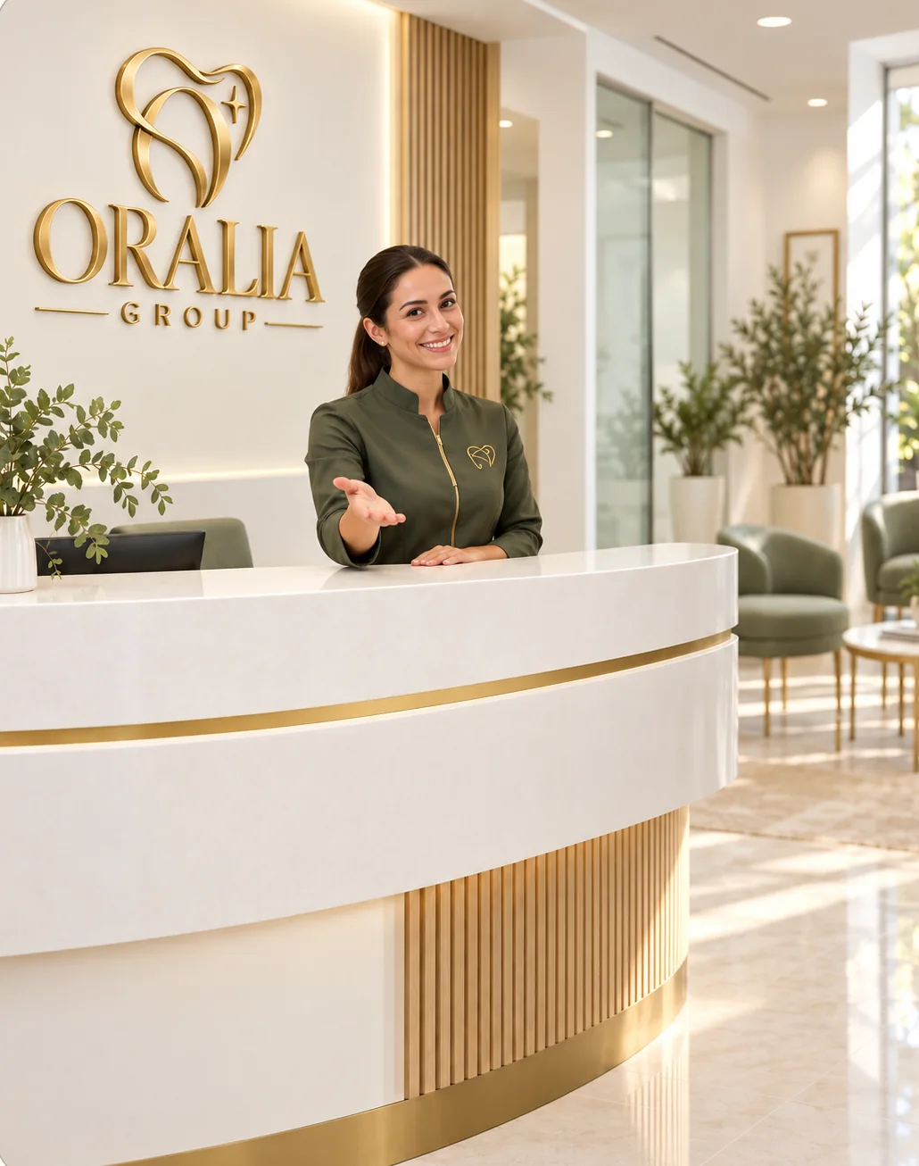 Recepcionista de Oralia Group dando la bienvenida en la sede del Edificio Vida